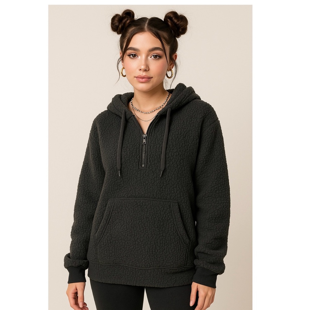 NWT PINK Victoria’s Secret Black Sherpa Half Zip Hoodie Pullover Size Large
